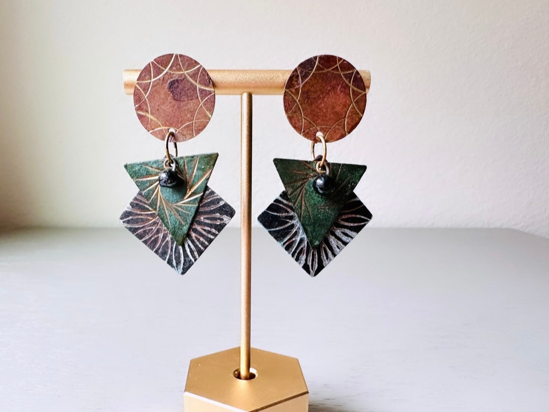Vintage 1980s Distressed Geometric Earrings, Hammered Circle, Triangle Pierced Post Earrings, Unique Statement Earrings, Earth Tone Neutrals