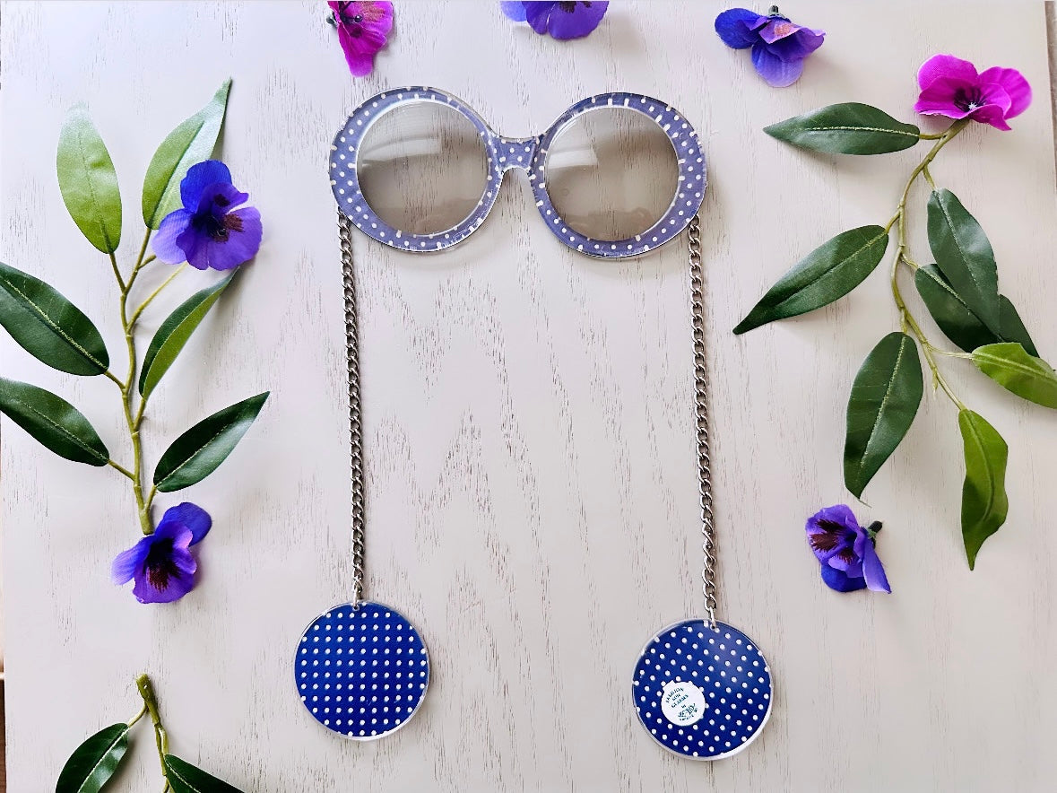 Vintage 70s Je-Dol Sunglasses, Amazing Purple Polkadot Swinging 60s Mod Chain Sunglasses, Authentic 1970's JeDol Deadstock Vintage Sunglasses available at Piggle and Pop.