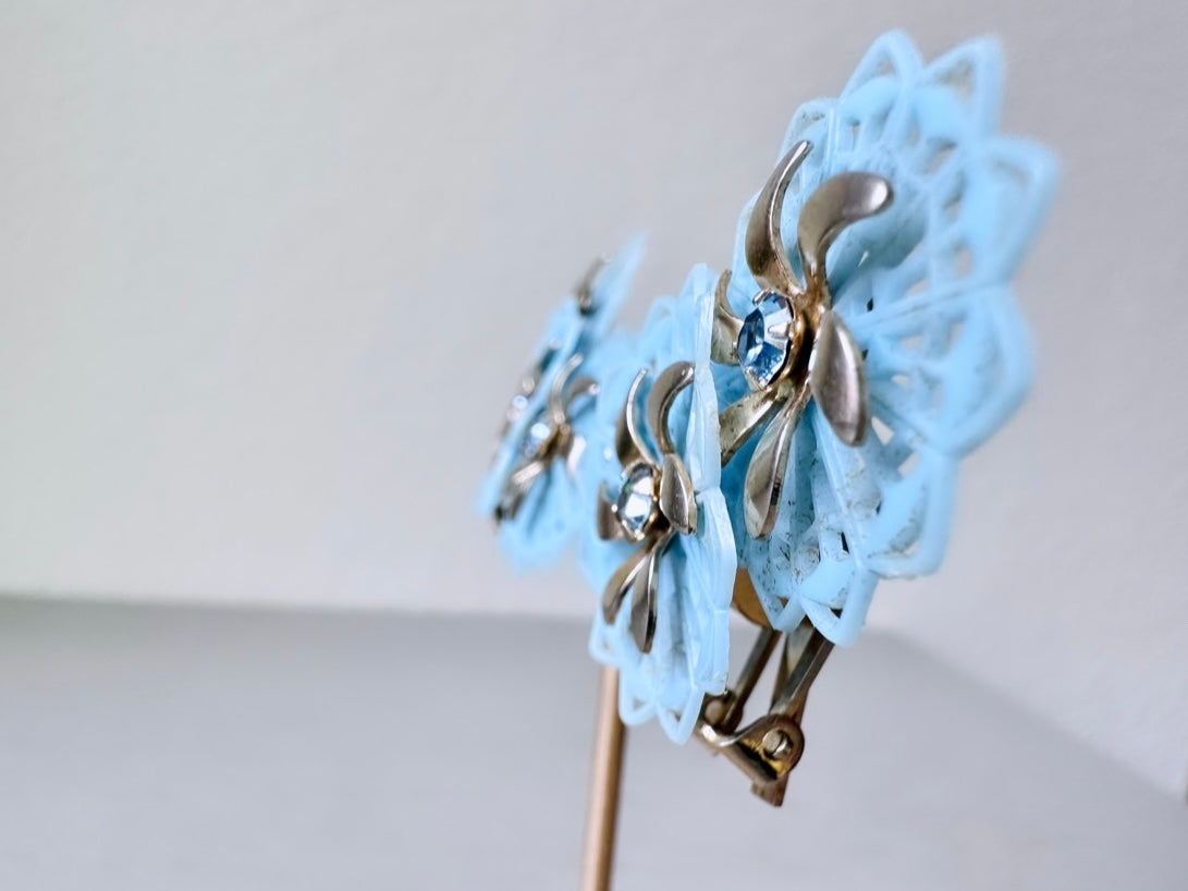 Vintage Blue Celluloid Climber Earrings, Light Blue Plastic Flower Earring with Rhinestone Accents, Dramatic Floral Vintage Clip On Earrings