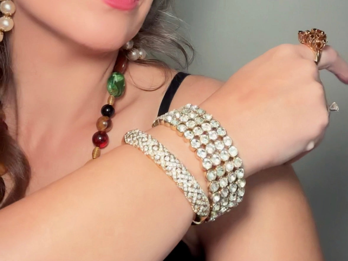 Vintage Rhinestone Stretch Bracelet, Sparkling Wide Band 4 Four Layer Cuff