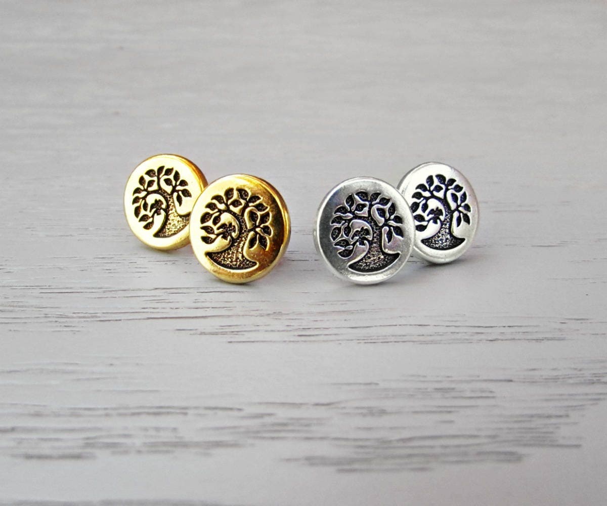 Tree of Life Earrings Stud, Small Gold Post Button Earrings, Whimsigoth Norse Mythology Yggdrasil Tree