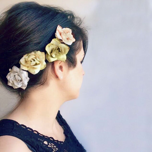 Floral Hair Accessories, Bridal Hair Pins Set, Rustic Paper Flowers, Sage Green Gray, Chartreuse Champagne, Woodland Wedding Flower Pins