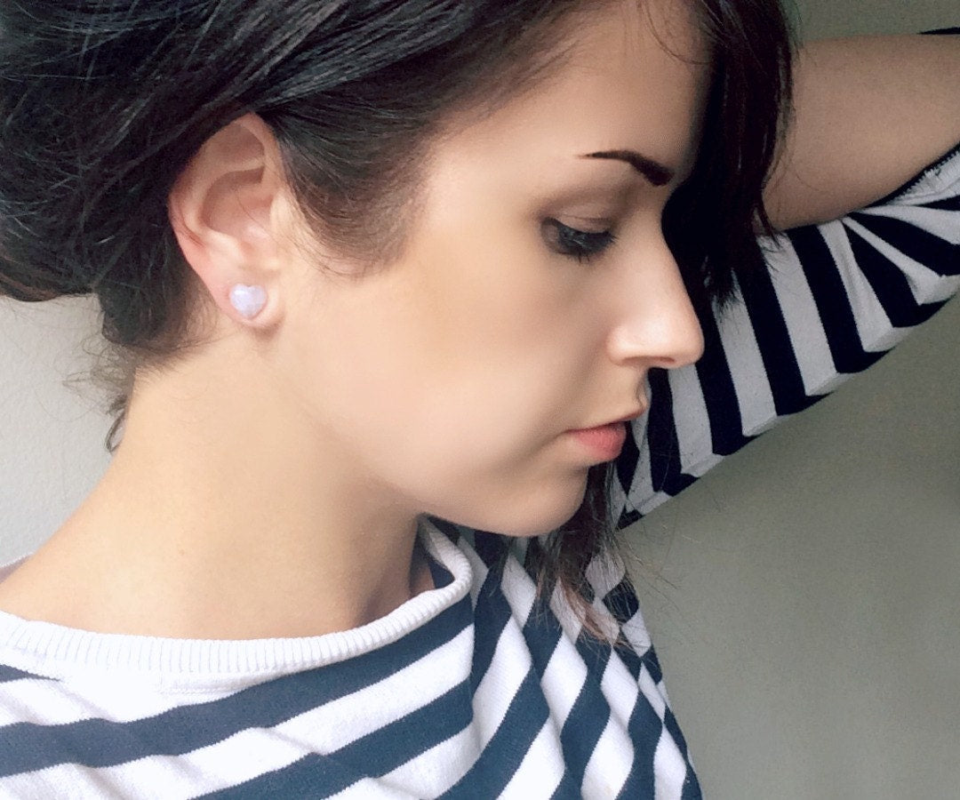 Rose Quartz Heart Earrings, Heart Stud Earrings, Pink Heart Earrings, Natural Crystal Jewelry, Cute Stud Earrings, Pink Gemstone Earrings