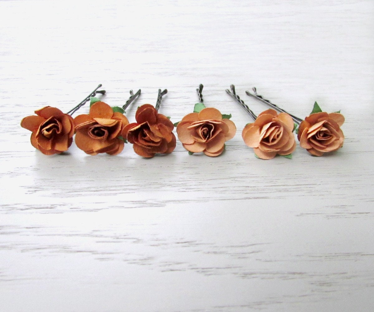 Autumn Rose Hair Pins, Set of 6 Paper Flower Bobby Pins in Rust Orange + Soft Gold, Rustic Bridal Hair Accessories for Country Wedding MPR6