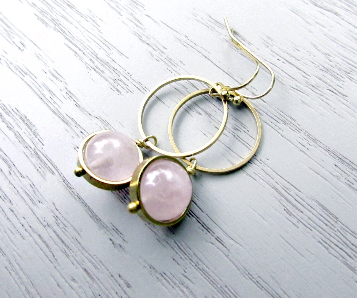 Rose Quartz + Raw Brass Orb Earrings, Pink Quartz Bead Frame Earring, Rose Quartz Gemstone Hoop Earrings, Geometric Boho Style Minimalist