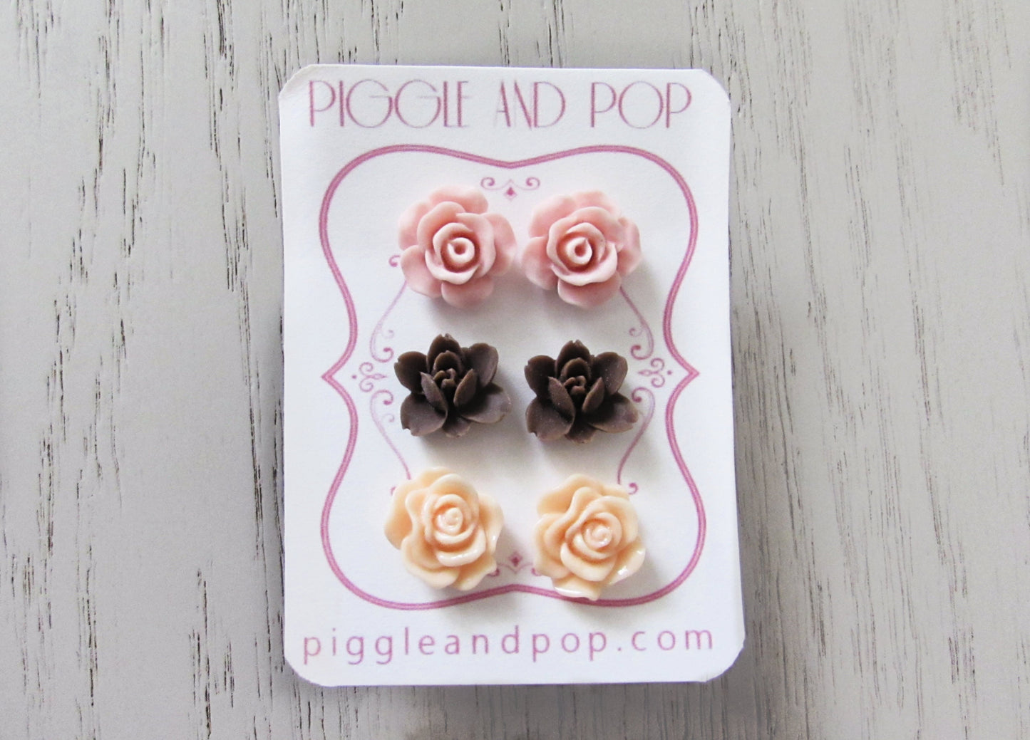 Flower Stud Earrings Set in Blush Pink Chocolate Peach, Floral Post Earring Set, Wedding Resin Flower Earrings, Matte Finish Rose Earrings