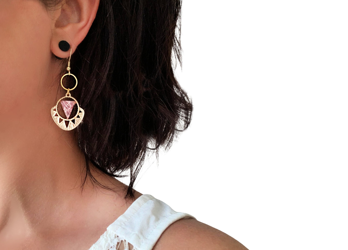 Boho Triangle Earrings in Pink and Gold, Geometric Earrings, Bohemian Tribal Chic Dangle Earrings, Celestial Earrings, Cut Out Earrings