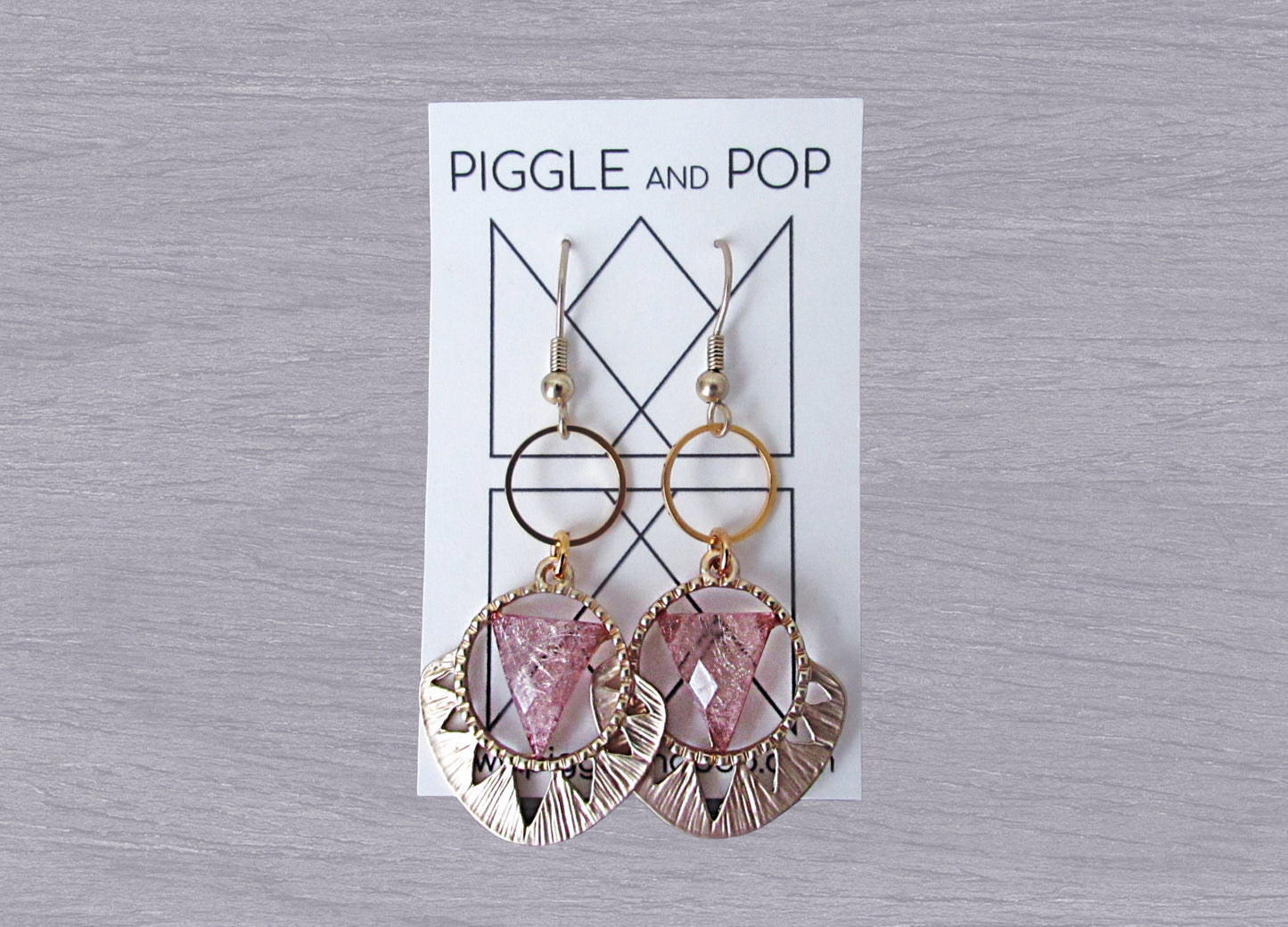 Boho Triangle Earrings in Pink and Gold, Geometric Earrings, Bohemian Tribal Chic Dangle Earrings, Celestial Earrings, Cut Out Earrings
