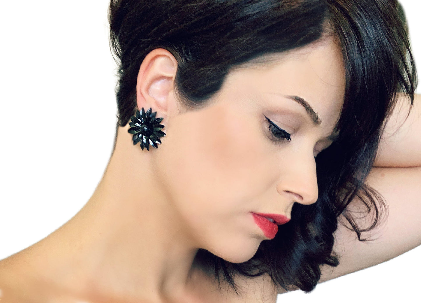 Vintage Black Flower Earrings, Black Enamel Clip-On Statement Earrings, Mod Pop Retro Style, Big Black Earrings, Oversized Vintage Earrings
