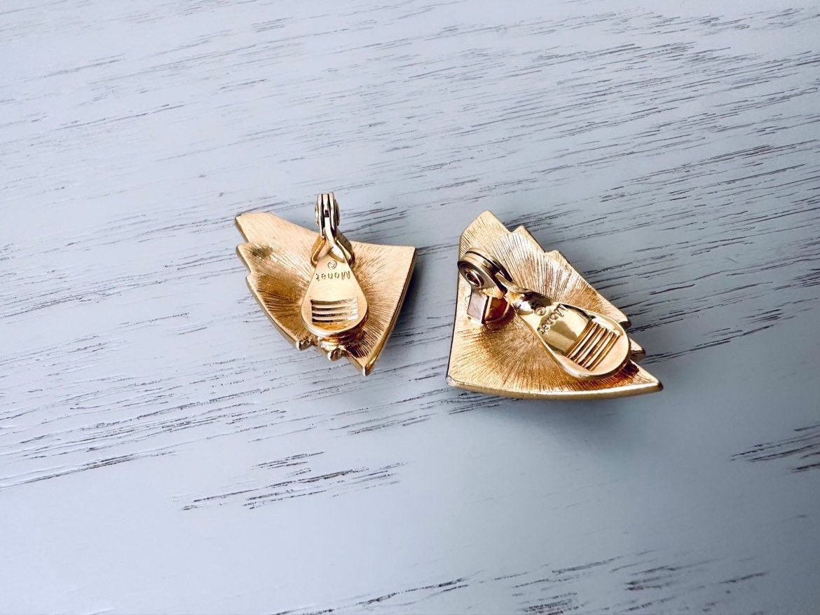 Vintage Monet Stacked Triangles Earrings in Gold, Big Gold Earrings, Vintage 80s Pierced Monet Earrings, 1980s Large Gold Triangle Earrings