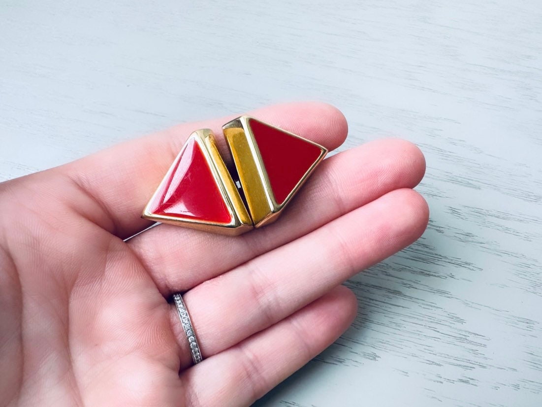 Red and Gold Triangle Earrings, Vintage Napier Pierced Earrings, 1980's Earrings, Gold and Red Enamel Triangle Earring