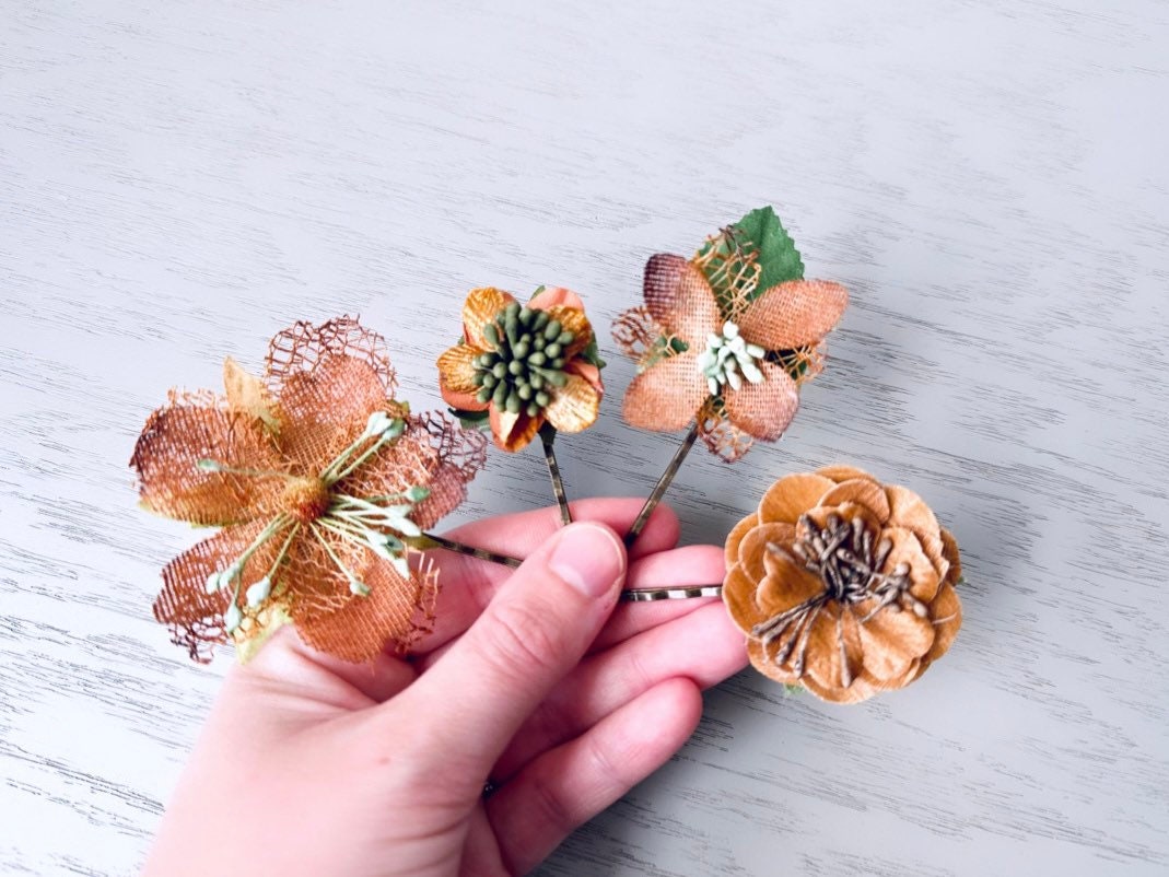 Autumn Bridal Hair Clips, Rustic Wedding Hair Flowers, Woodland Flower Clips Fall Bride Accessories, Outdoor Boho Bride, Burlap Hair Flowers