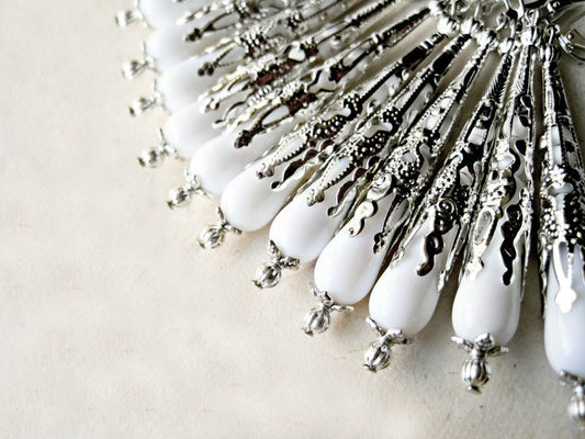 White Teardrop Earrings, Long Silver Earrings, Czech Glass Earrings, Antique Silver, Victorian Filigree Cones, White Bridal Jewelry