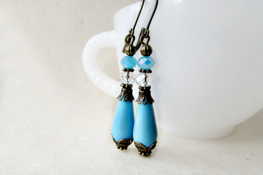 Blue Teardrop Earrings, Victorian Earrings, Beaded Earrings, Czech Glass Beads, Sky Blue Earrings, Downton Abbey Jewelry, Antique Bronze