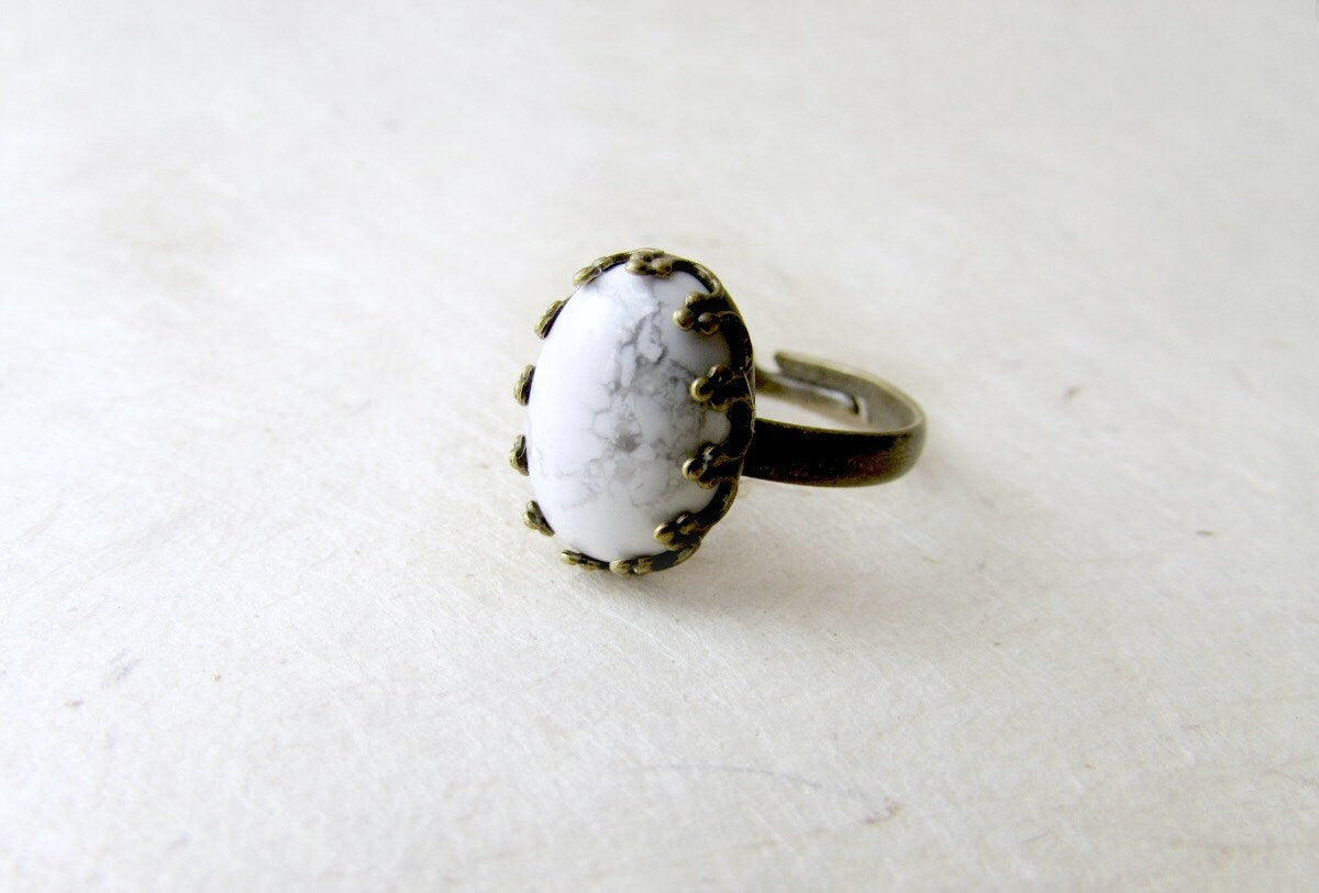 White Gemstone Ring, White Howlite Ring, Small Cameo Ring, Antique Bronze Bezel Ring, Crystal Healing Natural Stone Cabochon, Boho Jewelry
