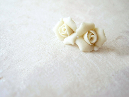 Ivory Rose Earrings, Porcelain Earrings, Bridal Post Earrings, Small Flower Earrings, Simple Bridal Jewelry, Ceramic Flower Earrings