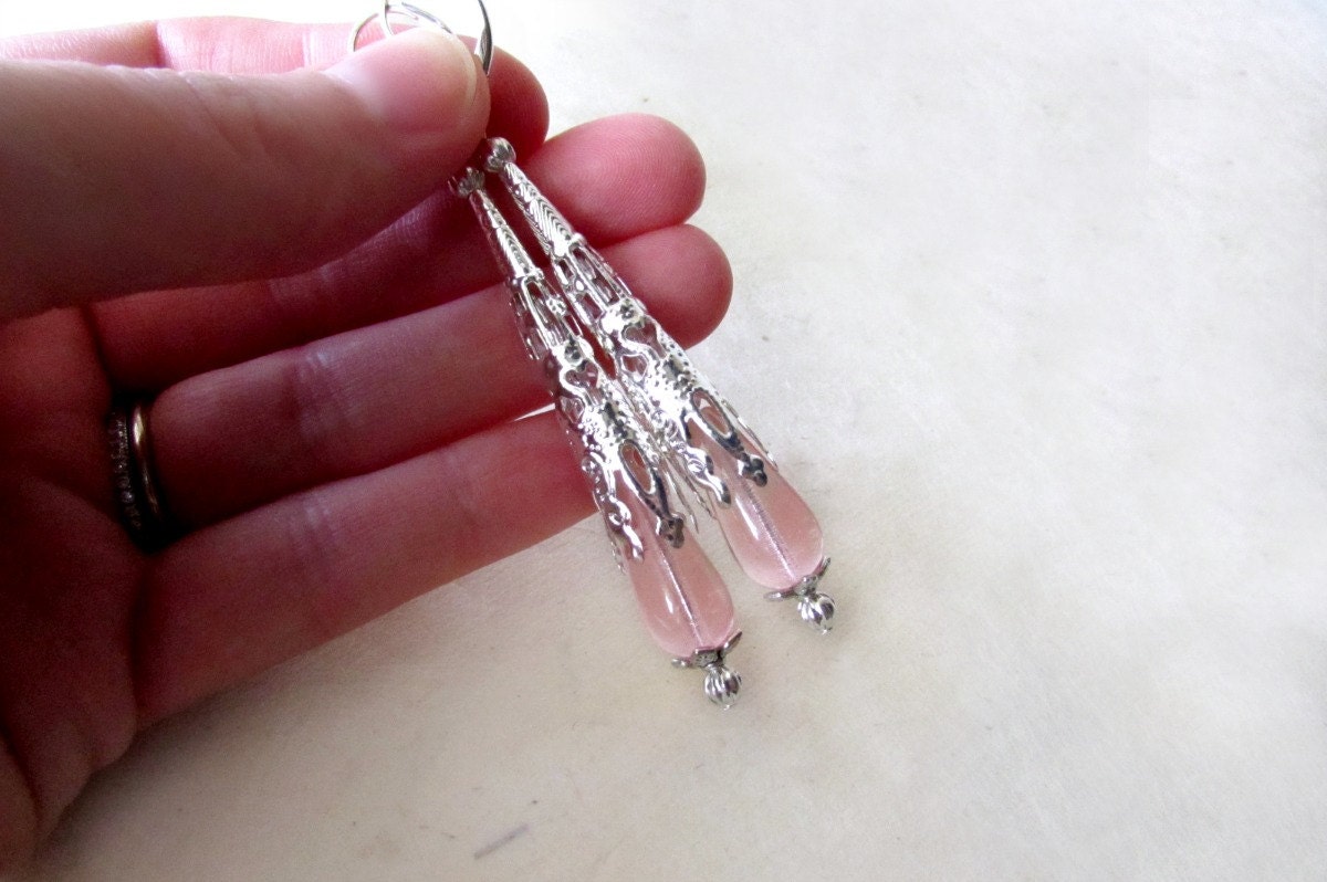 Pink Teardrop Earrings, Light Blush Pink, Czech Glass Earrings, Silver Filigree Cone, Handmade Earrings, Victorian Inspired, Pink Wedding