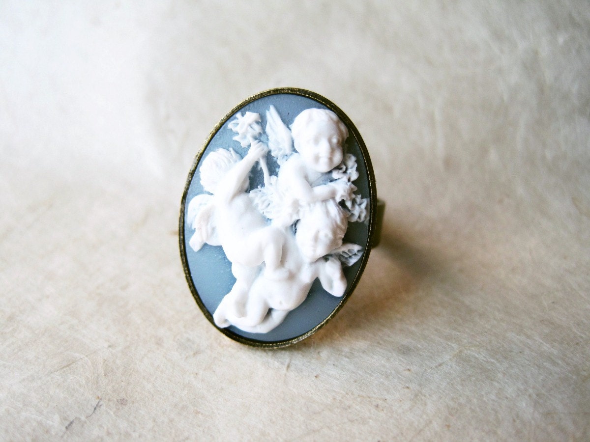 Cherub Cameo Ring, Vintage Style Ring, Blue and White Victorian Ring, Angel Ring, Statement Ring, Adjustable Bronze Ring, Love Jewelry