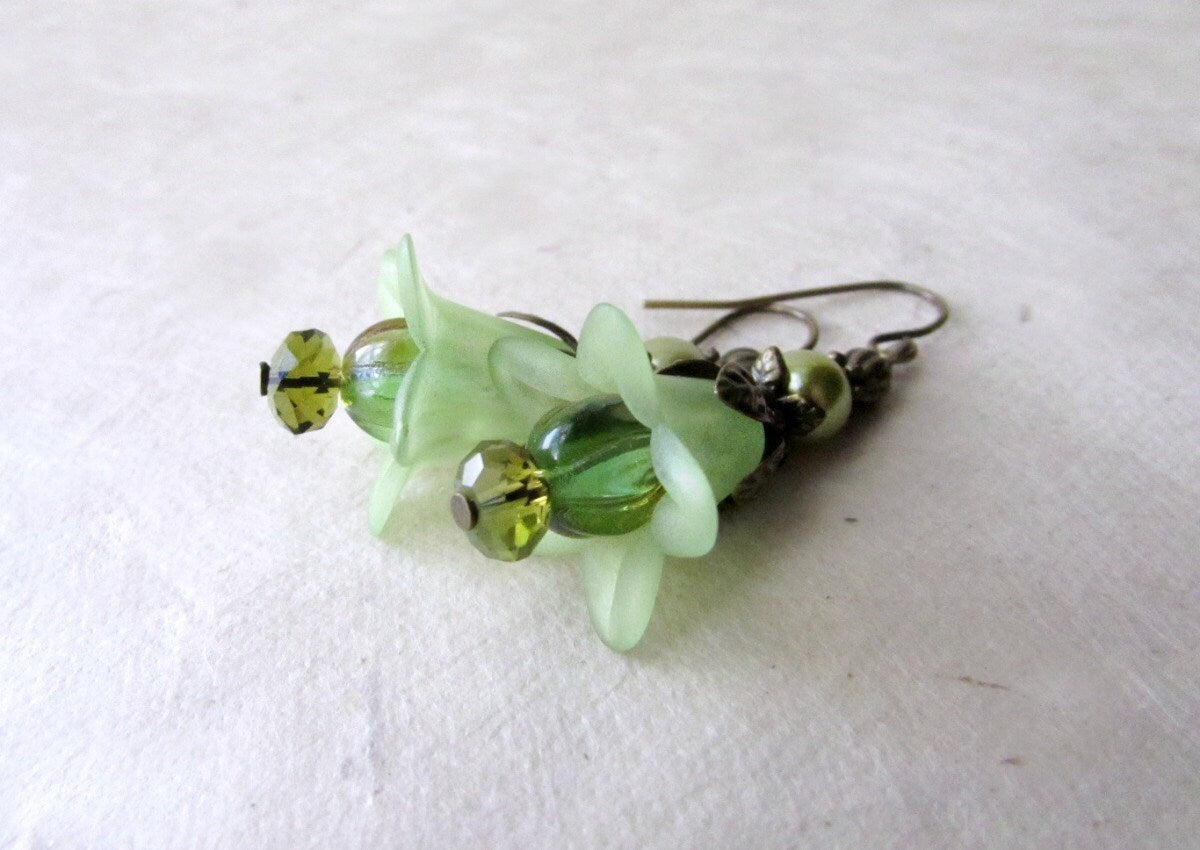 Faerie Flower Earrings, Light Green Earrings, Bronze Fairy Earrings, Spring Wedding Jewelry, Green Lily Earrings, Peridot Green Bridesmaids