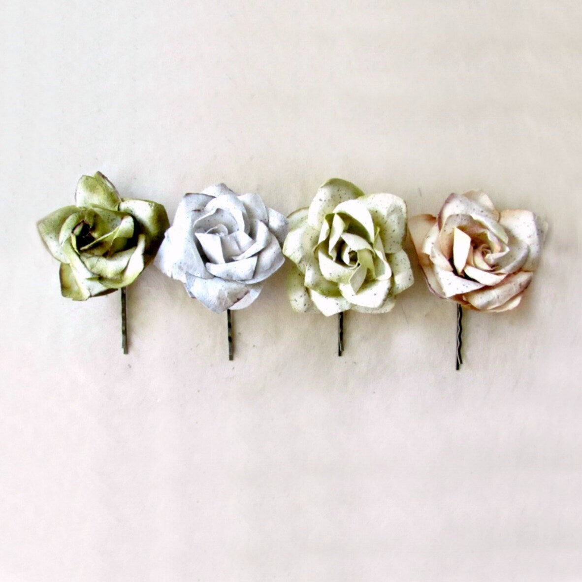 Floral Hair Accessories, Bridal Hair Pins Set, Rustic Paper Flowers, Sage Green Gray, Chartreuse Champagne, Woodland Wedding Flower Pins