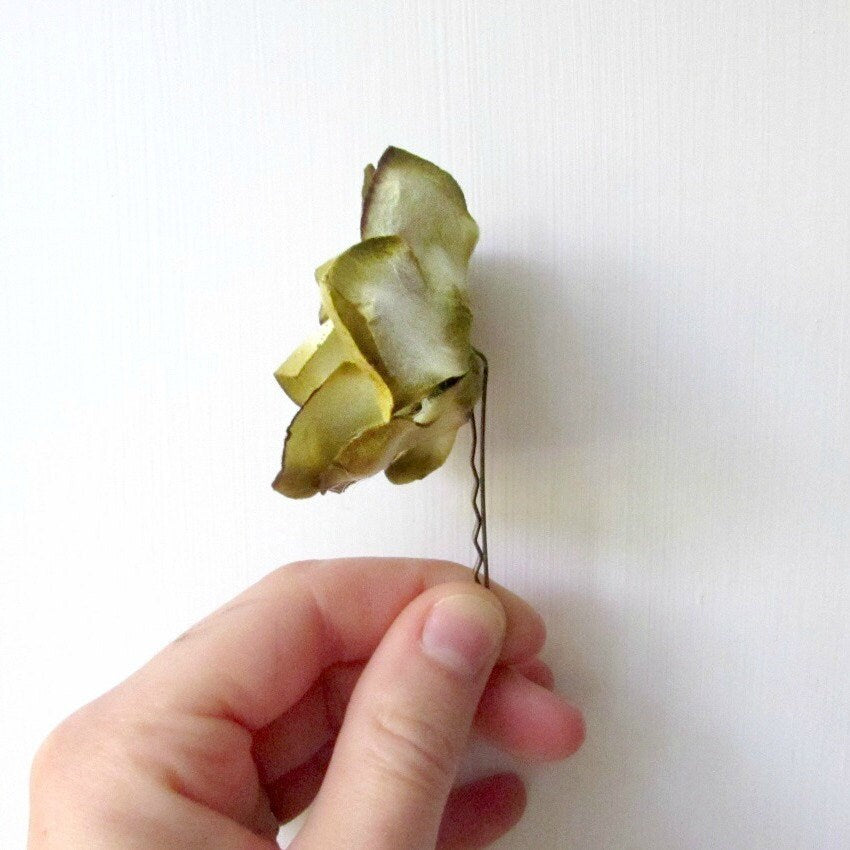 Floral Hair Accessories, Bridal Hair Pins Set, Rustic Paper Flowers, Sage Green Gray, Chartreuse Champagne, Woodland Wedding Flower Pins