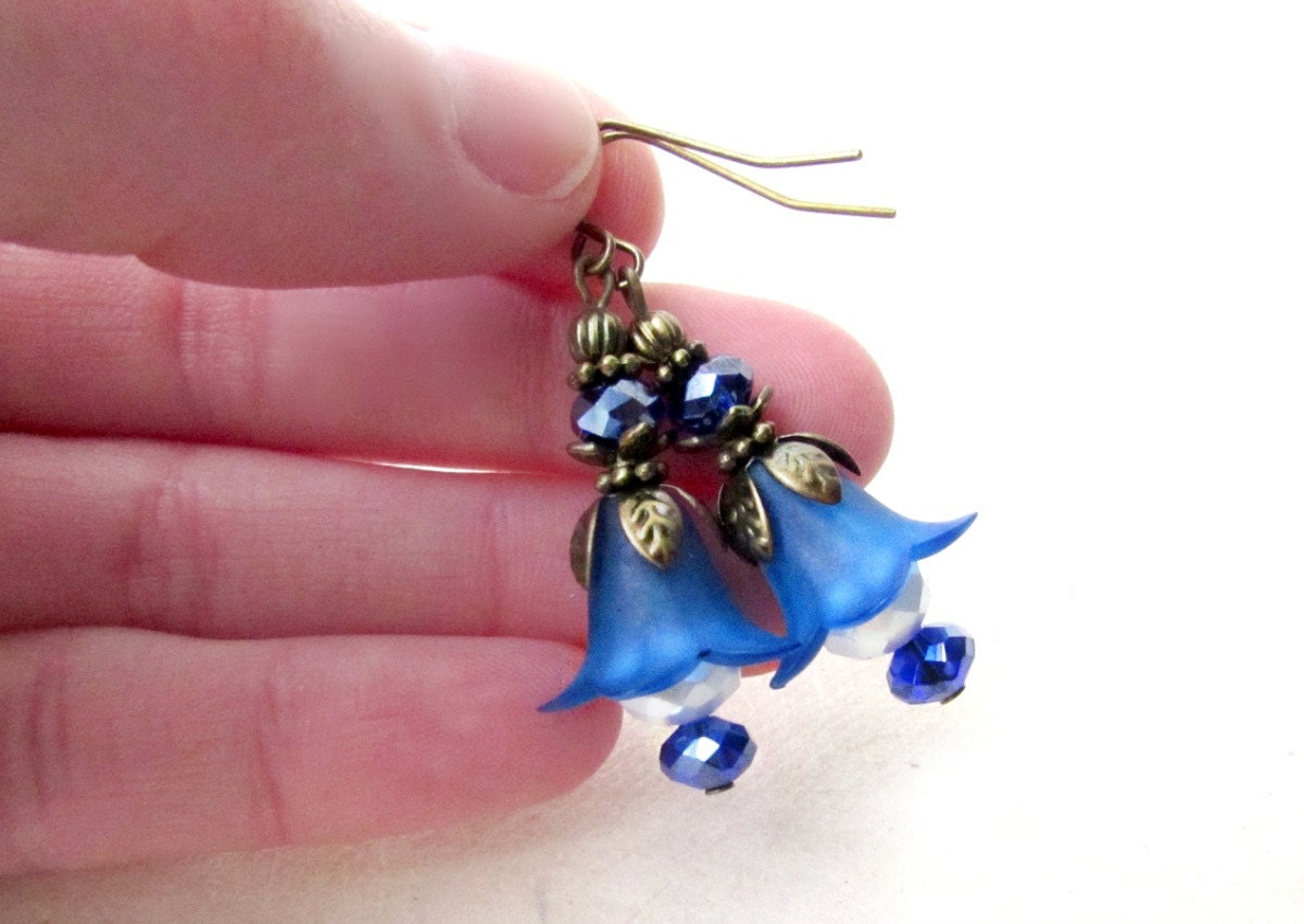 Blue Flower Earrings, Cobalt Lily Earrings, Antique Bronze Filigree, Royal Blue Jewelry, Blue and White Earrings, Victorian Inspired Earring