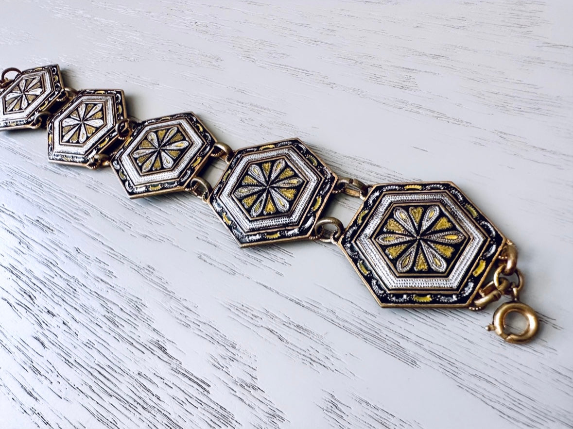 Vintage 1960s Damascene Style Bracelet,  Geometric Hexagon Link Bracelet, Brass Black Silver Gold Enamel Painted Vintage 1960s Jewelry