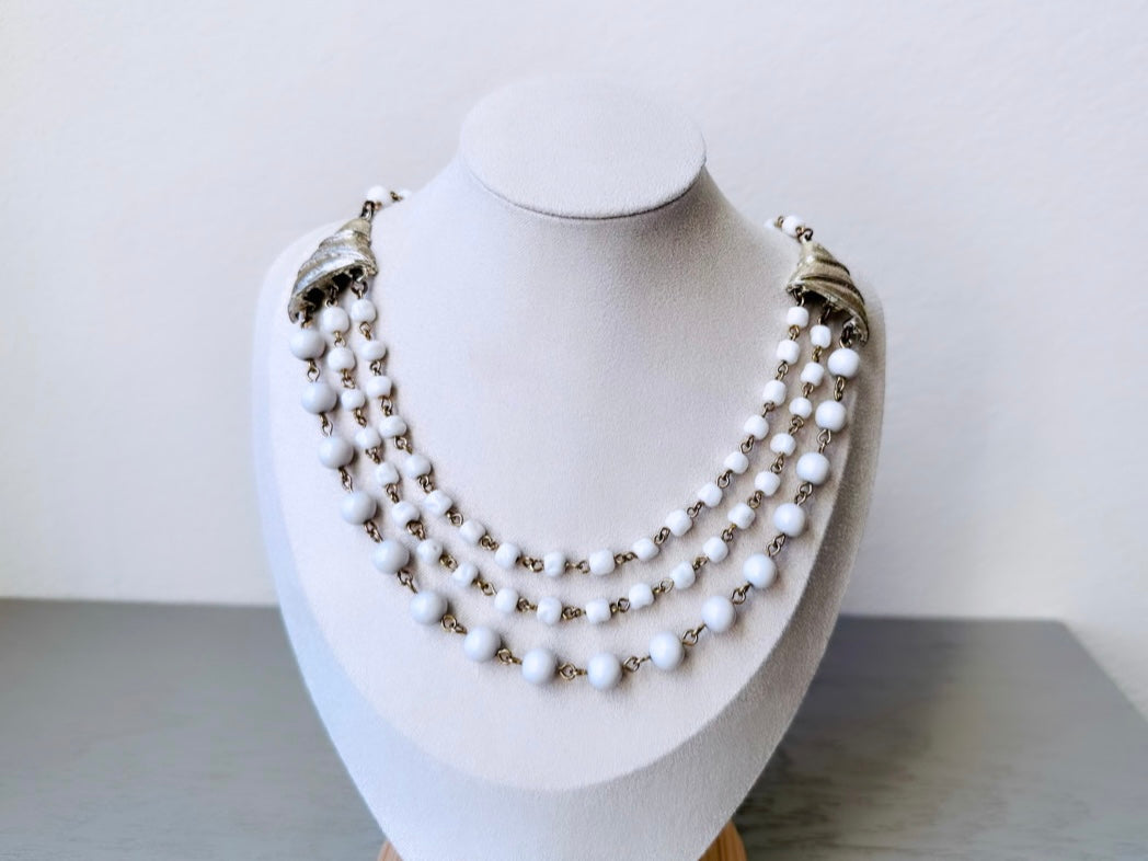 Vintage Gold and White Glass Bead Necklace, Gold Estate Costume Jewelry 14"-18" , Triple Strand Beaded Chain Necklace