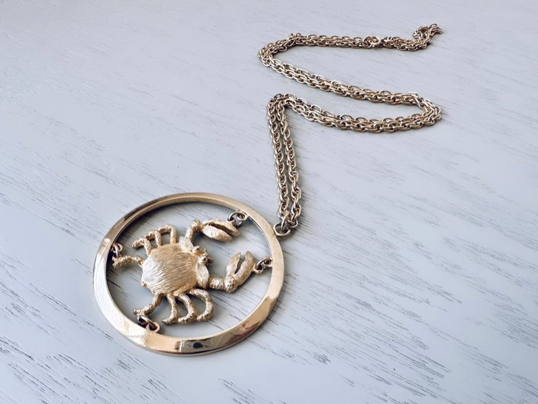 Vintage Cancer Zodiac Necklace, Star Sign Astrology Necklace, Unique Birthday Necklace, 30" Long Gold Pendant Necklace Vintage Astrology