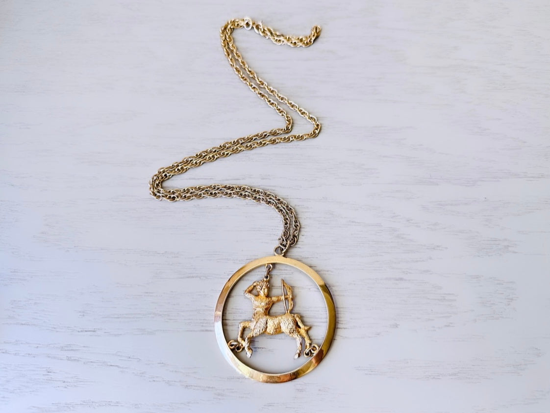 Vintage Sagittarius Zodiac Necklace, Star Sign Astrology Necklace, Unique Birthday Necklace, 30 Long Gold Vintage Astrology Pendant