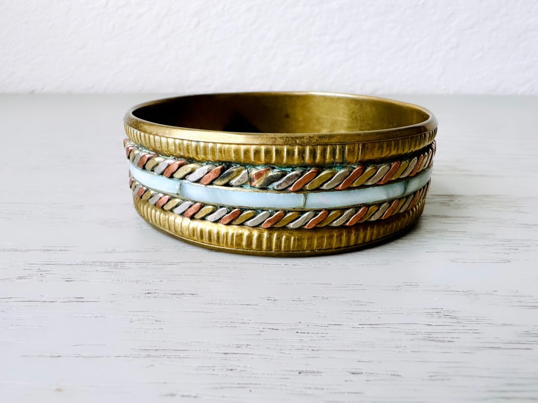 Vintage Bronze Bangle Bracelet with Mother of Pearl Inlay, Gold Engraved Bangle, Vintage Bracelet, Made in India Embossed Bohemian Bangle
