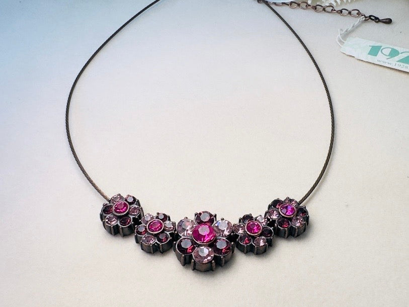 1928 Magenta Pink Rhinestone Floral Bronze Wire Necklace, 90s/Y2K NWT