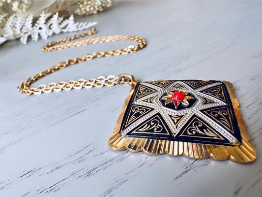 Vintage Spanish Damascene Necklace, Gold, Black and Silver with Orange Ballotini Bead, Vintage Gold Diamond Pendant Statement Necklace