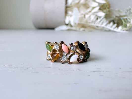 Multistone Vintage Statement Ring, Size 4.75 Fitted Ring, Tiny Marquise Cut Tiger's Eye, Jade, Carnelian, Opal and Diamond Rhinestone Ring