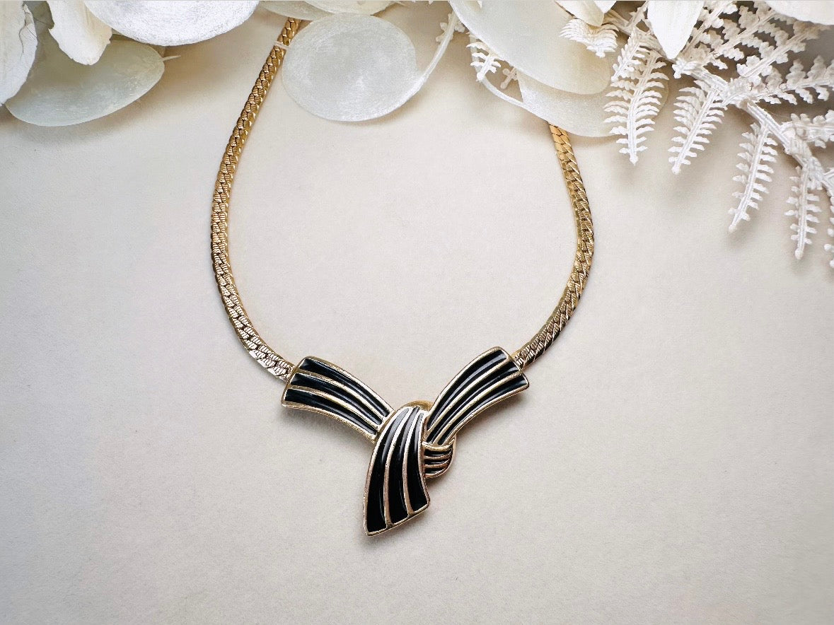 Vintage Trifari Bow Necklace, Black and Gold Ribbon Pendant Necklace on Gold Herringbone Chain