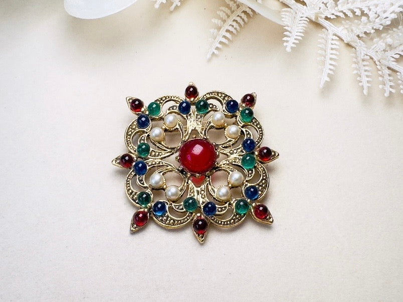 Vintage Maltese Cross Brooch Pin, Ornate Byzantine Jewel Tone Glass Cabochons, Faux Pearls & Intricate Gold Tone Openwork Filigree