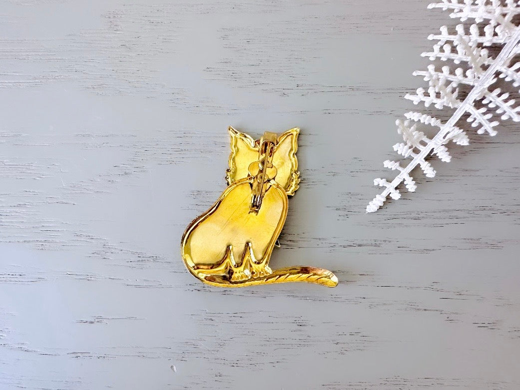 Vintage Cat Brooch, Blue Sparkly Cat Pin, Gold Trimmed Glitter 1980s Vintage Kitty Cat Broach Pin, Quirky Animal Brooch Cat Lover Gift