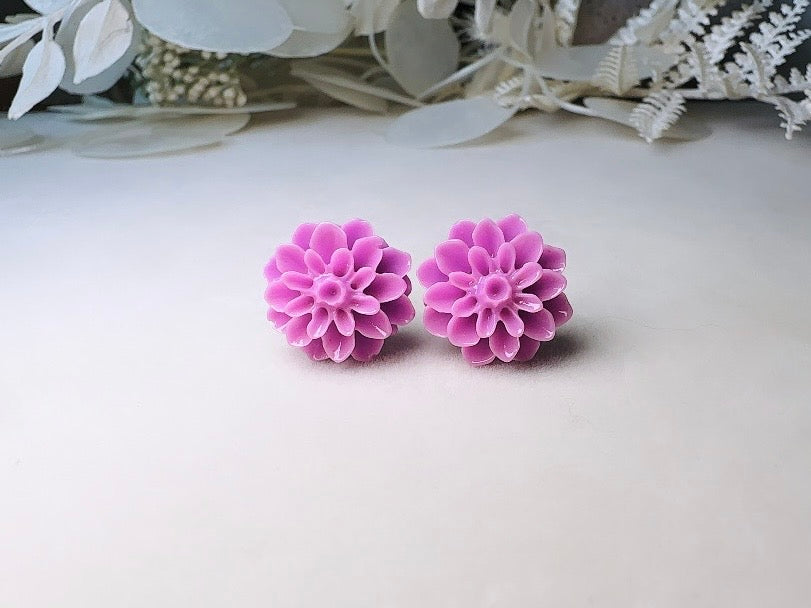 Purple Flower Earrings, Handmade Big Dahlia Resin Flower Stud Earrings