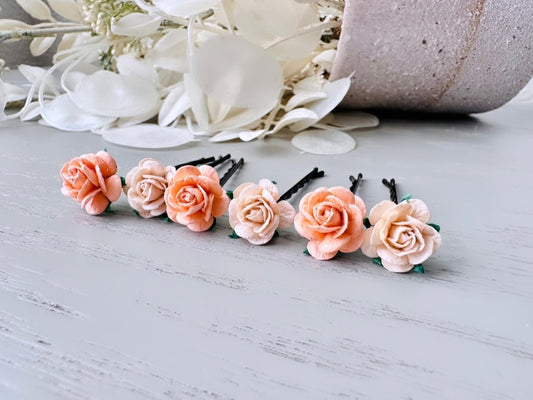 Peach and Mango Rose Hair Pins, Paper Flower Bobby Pins, Summer Wedding Rustic Hair Pins, 6 Floral Hair Flowers MPR6