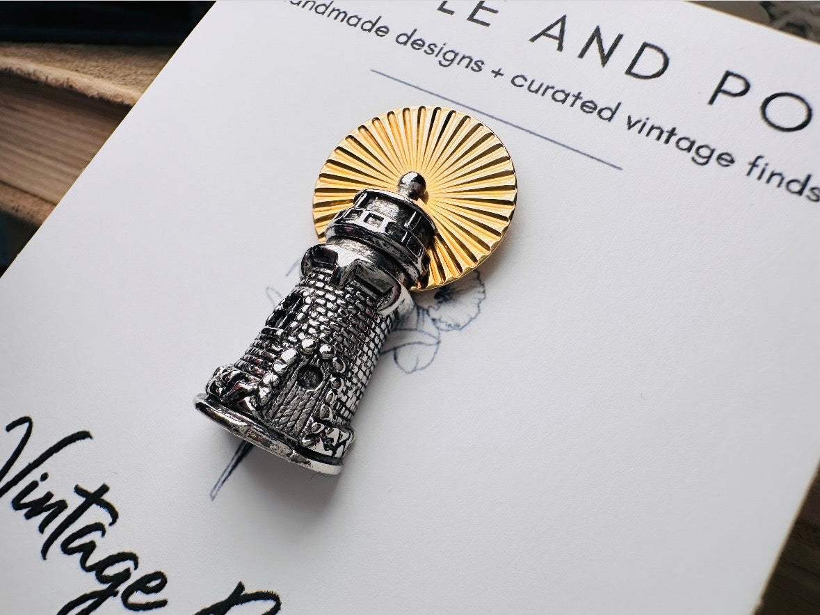 Vintage Lighthouse Pin, Silver and Gold Tie Tack Lapel Pin, Detailed Golden Beacon Nautical Birthday, Mariner Groom Accessories