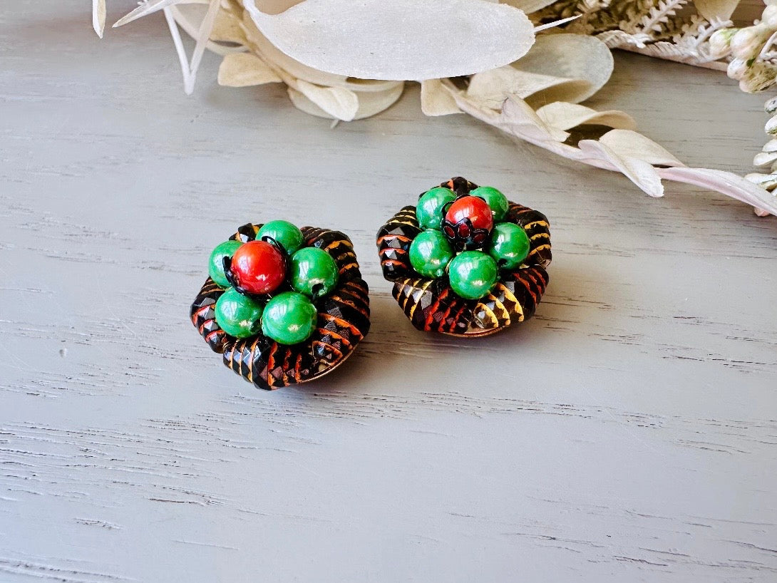 Red and Green Vintage Earrings, Unique 1960s Beaded Clip On Earrings, Made in Hong Kong, Super Cool Mod Pop Retro Authentic 60s Earrings