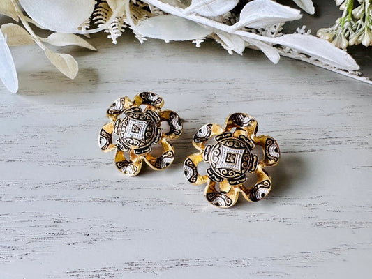 Spanish Damascene Earrings, Ornate Vintage Black and Gold Flower Clip On Earrings, Vintage Flower Earrings, Unique Gold Flower Earrings