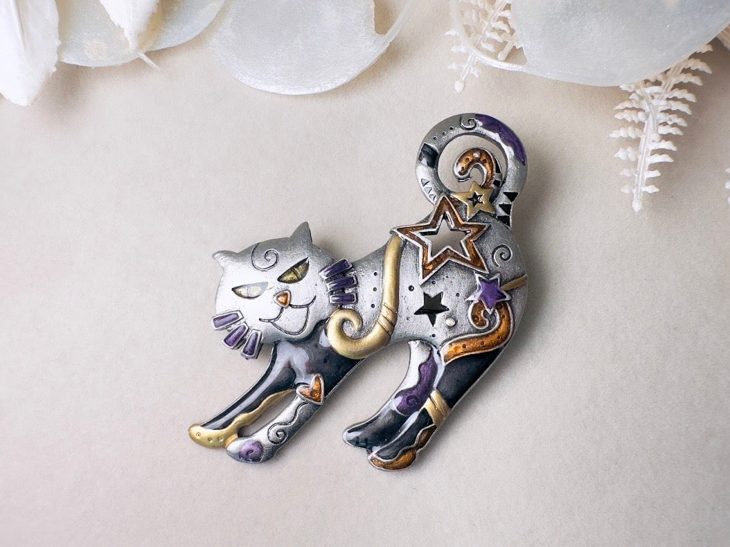 Vintage Cat Brooch, Celestial Pewter Brooch with Enamel Star Accents