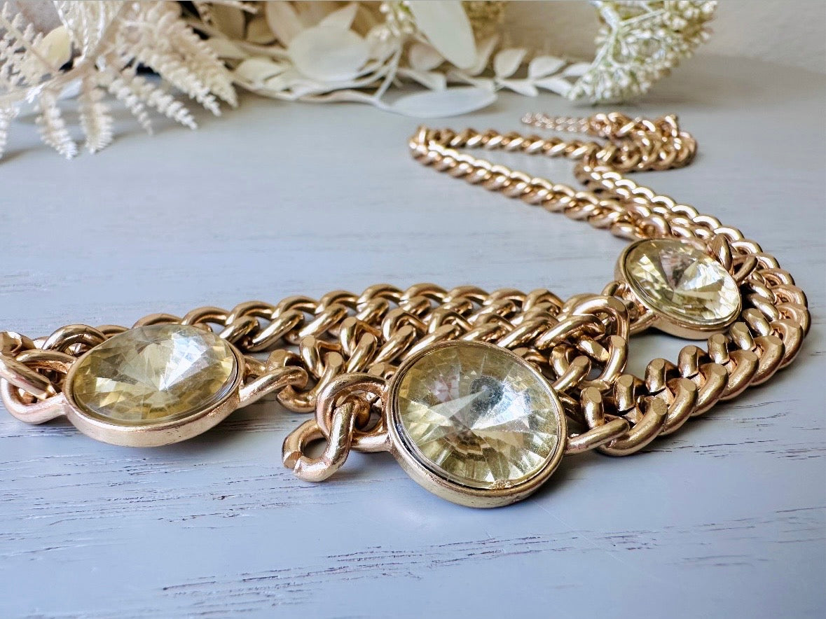 Gold Vintage Lariat Chain Necklace with Triple Stone Swarovski Rivoli Crystals, Layered Look Bold 80s Mogul Style