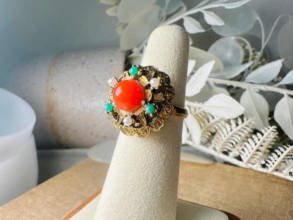 Vintage Orange Bullet Cabochon Ring with Green and Pearl Cabochons, Gold Tone Adjustable Etruscan Revival Ring