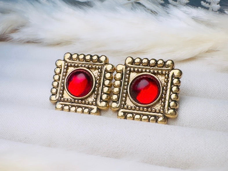 Red Gripoix Earrings, Vintage 1928 Post Earrings, Embossed Gold Square Earrings with Glowing Red Cabochons