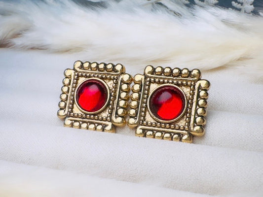 Red Gripoix Earrings, Vintage 1928 Post Earrings, Embossed Gold Square Earrings with Glowing Red Cabochons