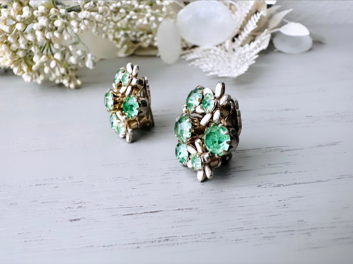 Spring Green Flower Earrings, Vintage WEISS Rhinestone Earrings, Vintage 1960's Peridot Crystal White Enamel Flower Clip On Earrings