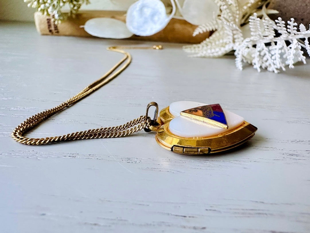 Vintage 18” Locket Necklace, Gold Toned Heart Locket With Mother of Pearl Enameled US Military Triangle And MOP