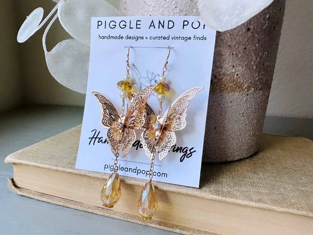 Golden Butterfly Earrings, Handmade Gold Filigree Butterfly Long Dangle Earrings, Gold Crystal and Pearl 14kt Gold, Faerie Wedding Earrings